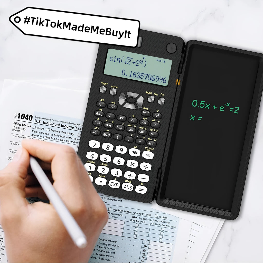 Black 2 in 1 foldable scientific calculator with handwriting LCD notepad on a desk