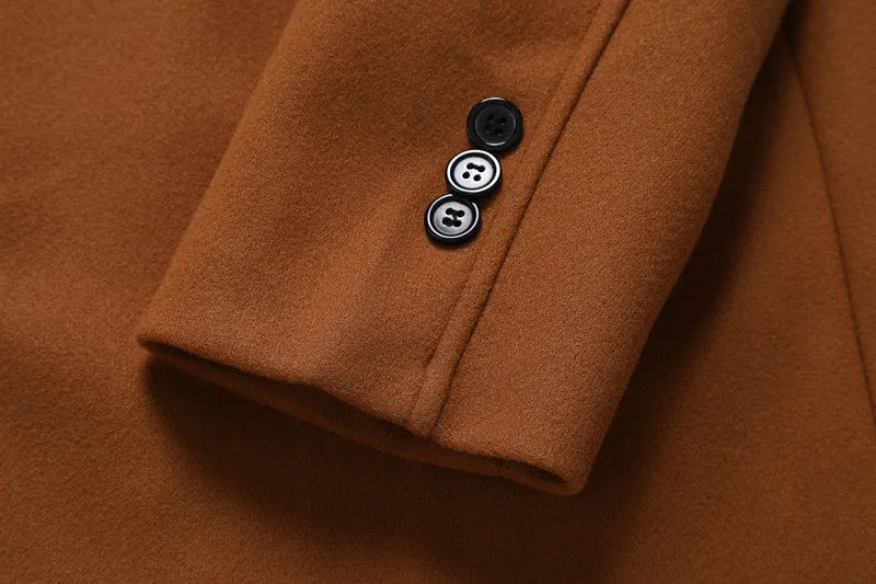 Solid-colour form-fitting khaki woolen coat for men autumn, front view
