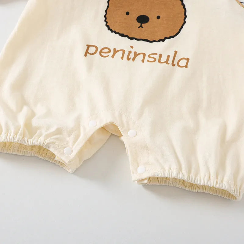 Cartoon bear print baby short sleeve cotton romper suit for summer.