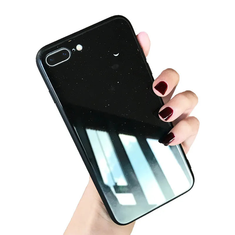 Star Sky tempered glass phone case cover with silicone frame, glossy back, fits iPhone models