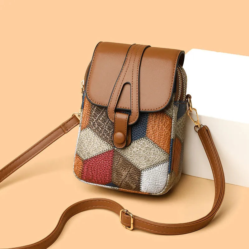 Urban Simplicity horizontal square PU leather crossbody pouch in irregular blue brown with single shoulder strap