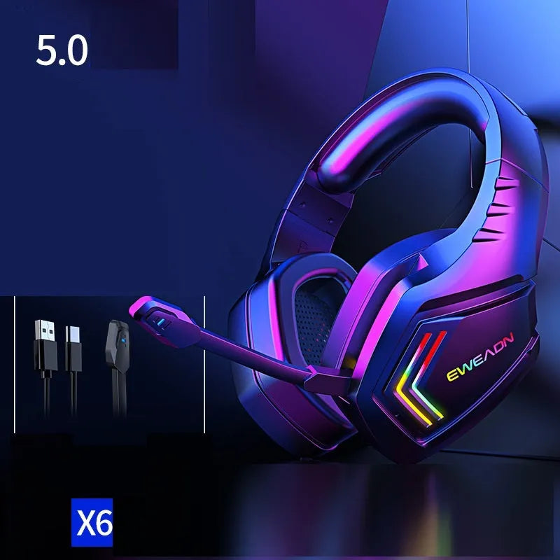 Black RGB wireless Bluetooth headset with noise reduction function and adjustable headband