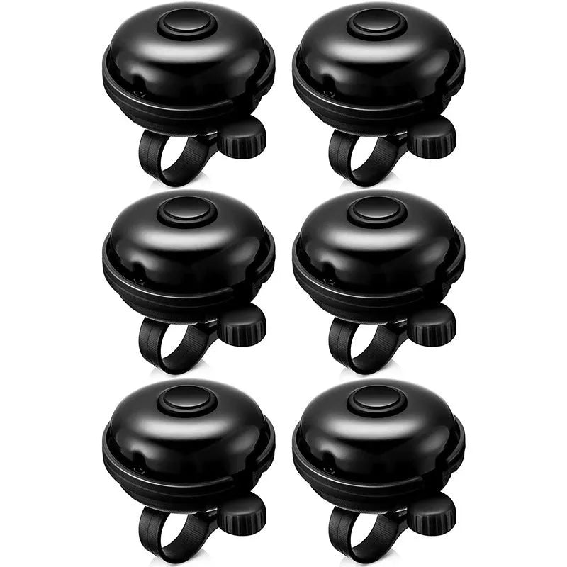 Black bicycle bell with 58mm diameter and ABS plastic construction showing handlebar clamp fixture