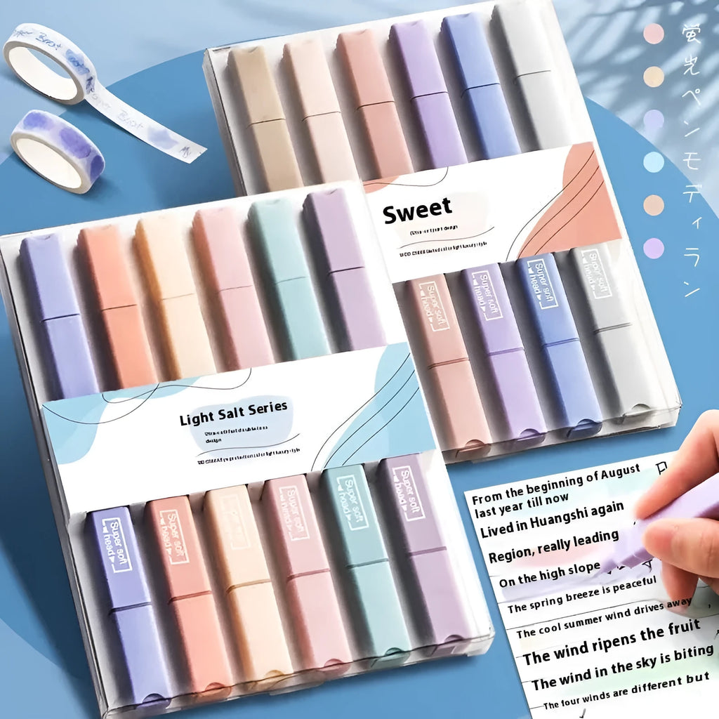 Double-headed fluorescent marking pen showing chisel and fine tips, with packs for Salt and Sweet series.