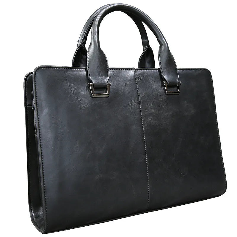 Men's leather-style business bag briefcase box shape zipper closure black coffee colour 38cm wide