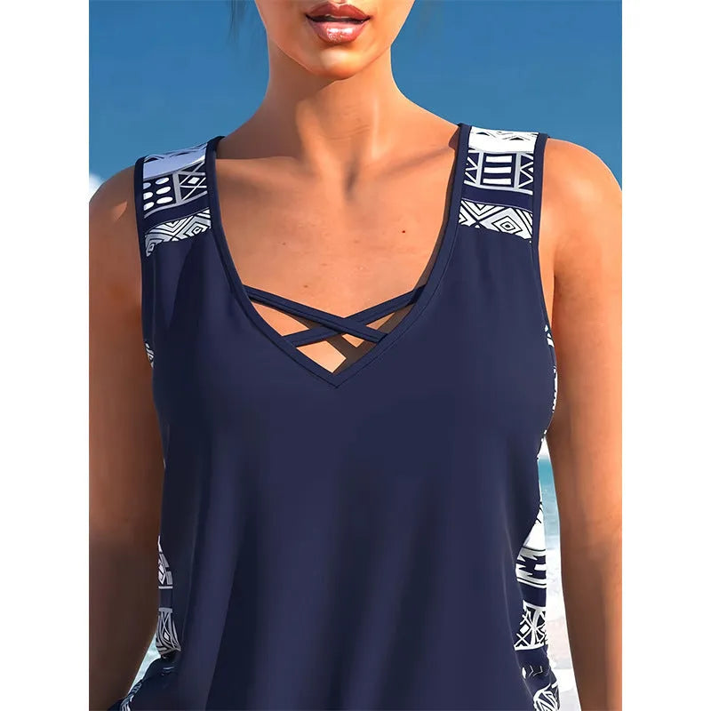 Women's split swimsuit, sleeveless polyester two-piece with briefs style, sizes S to XXL