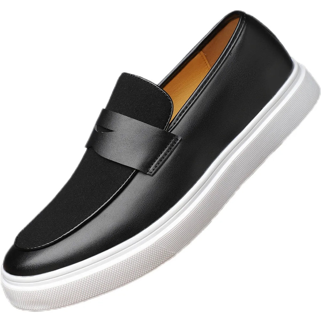 Men's black slip-on casual shoes with tassel detailing, artificial PU upper and rubber sole