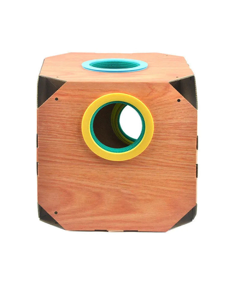 DIY multipurpose cat hiding box with white corrugated cardboard carton, two ABS TPR circles, and a cat scratching board in style A