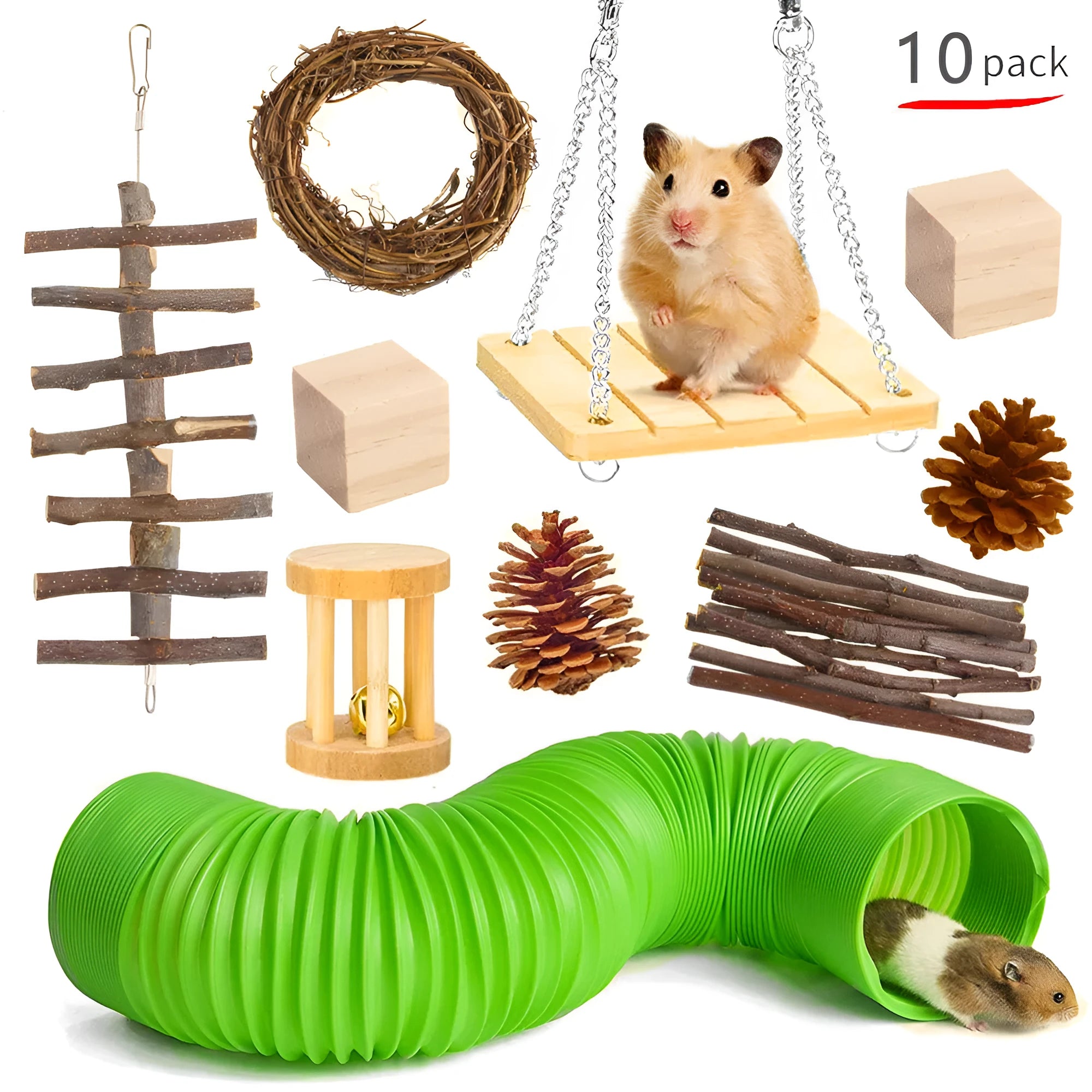 Assortment of natural wood and woven plant toys for small pets including straw mats and balls.