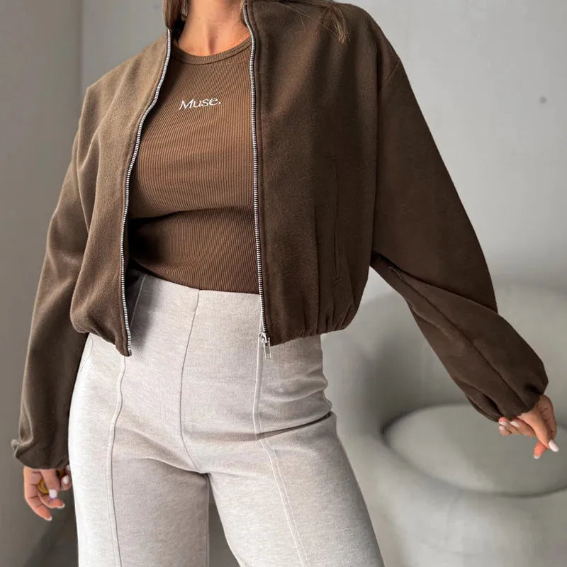 Women's off-shoulder short coat with long lantern sleeves in brown, loose casual fit.