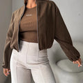Women's off-shoulder short coat with long lantern sleeves in brown, loose casual fit.