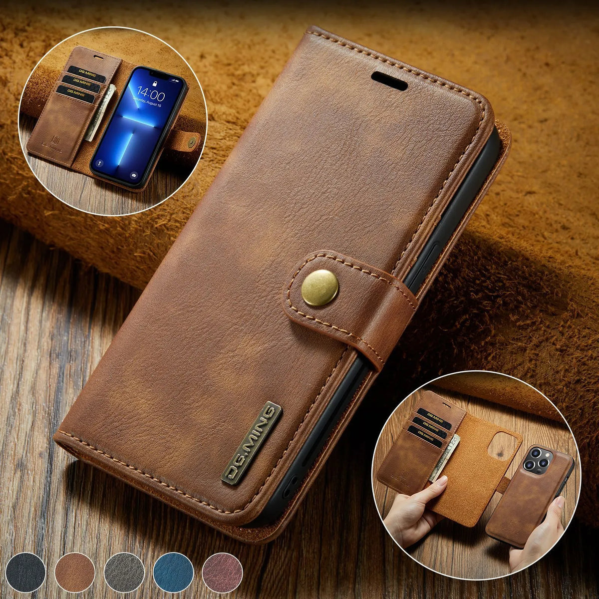 Split leather phone case with card slots and magnetic closure in black for iPhone