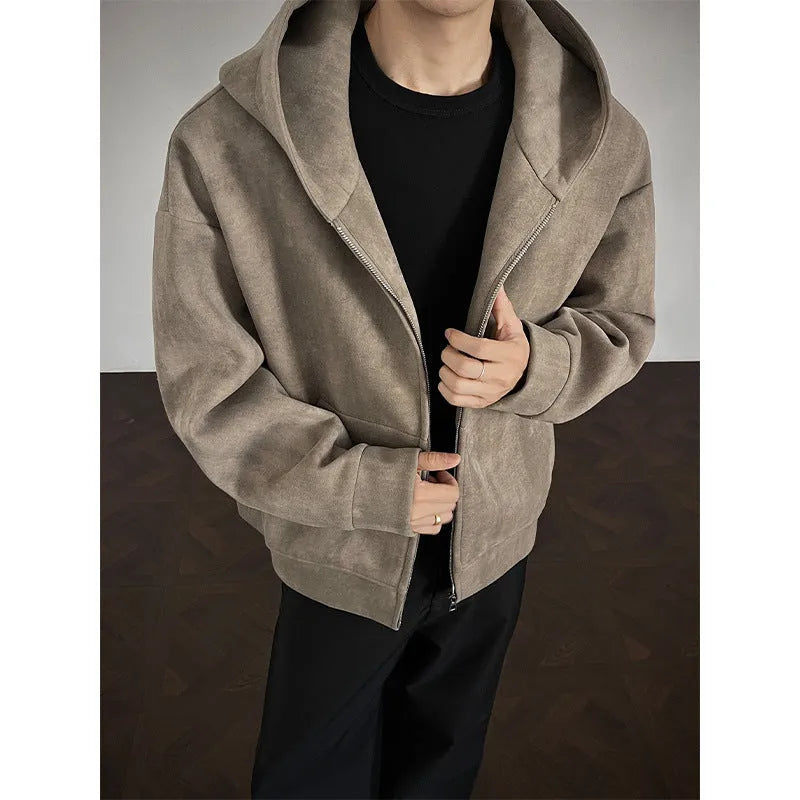 Men's plus size tie-dye hooded cardigan in black, loose fit, side pockets, and hood.