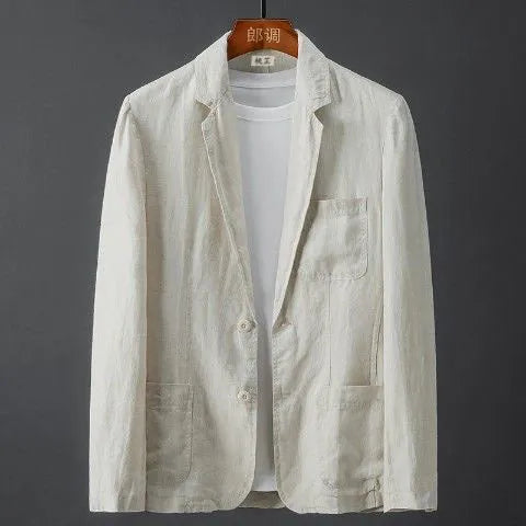 Men's solid colour slim fit linen suit jacket with nine-point sleeves on a hanger.