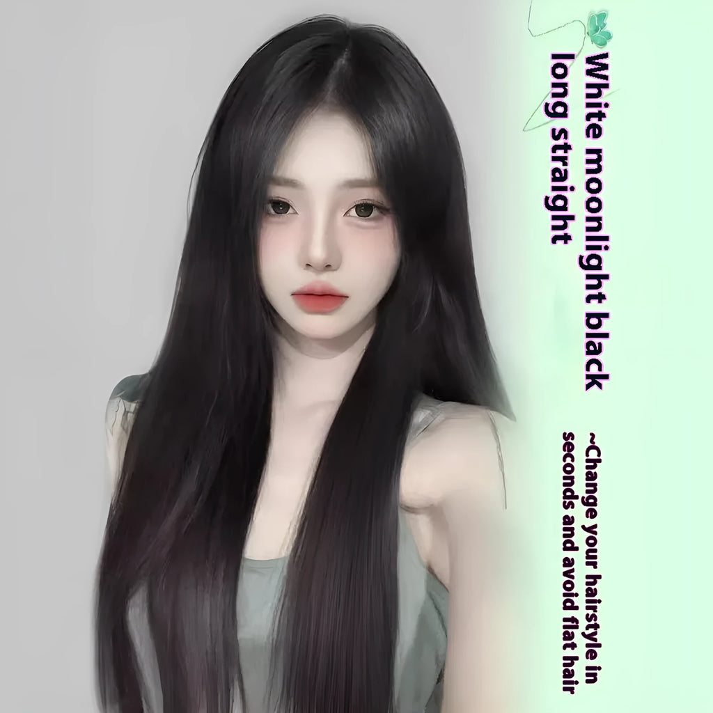 Female full-head wig with forehead lace construction in brown black synthetic high-temperature fibre