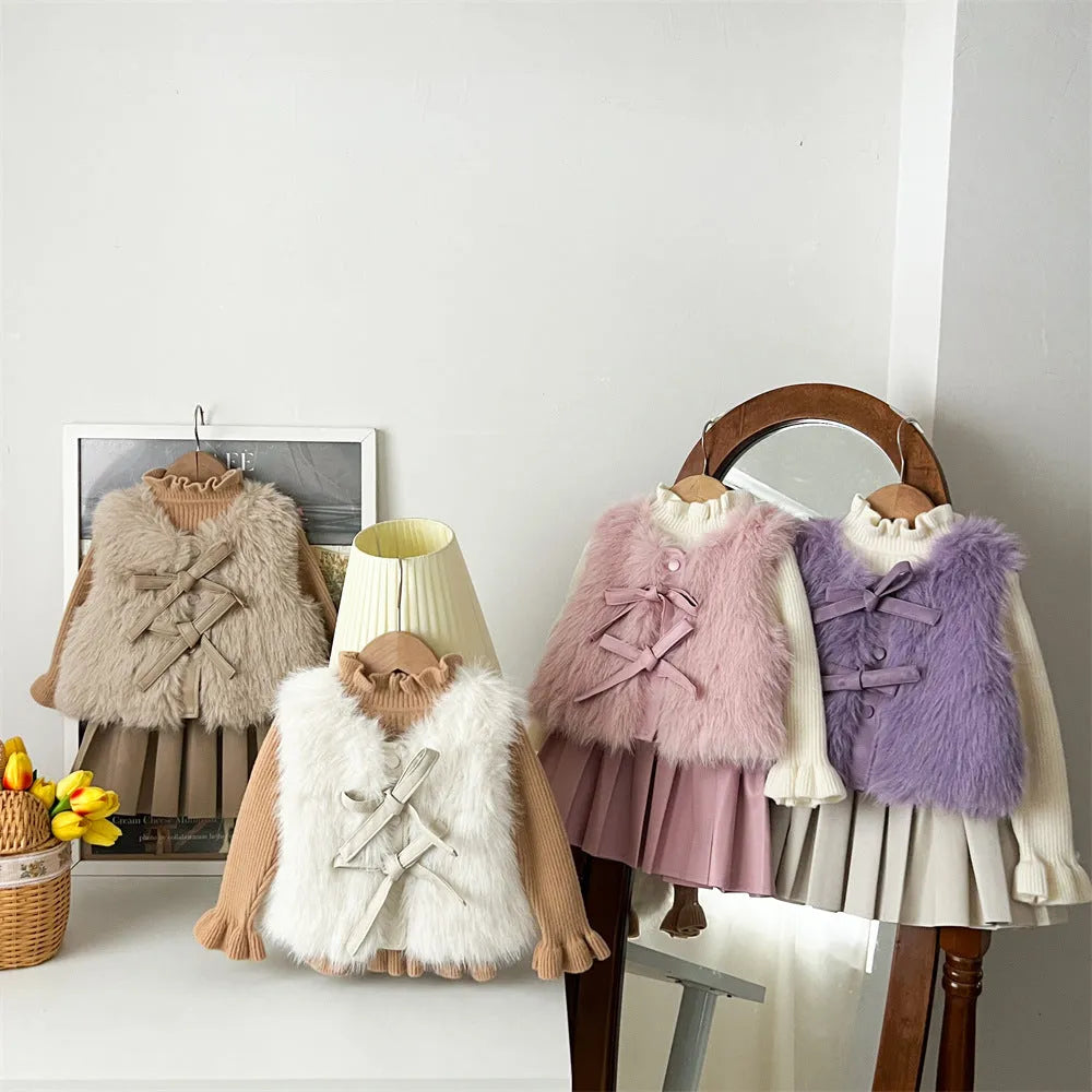 Girls autumn winter fur waistcoat leather skirt suit in solid colour Korean style