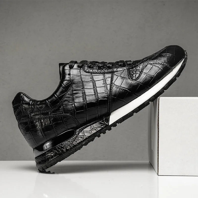 Crocodile pattern elevated leather shoes in black with wedge heel and rubber sole