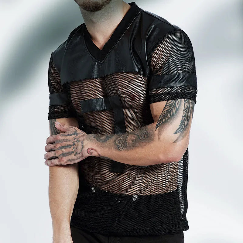 Black men's V-neck athletic t-shirt with stitching detail on the collar, made from polyester mesh fabric.