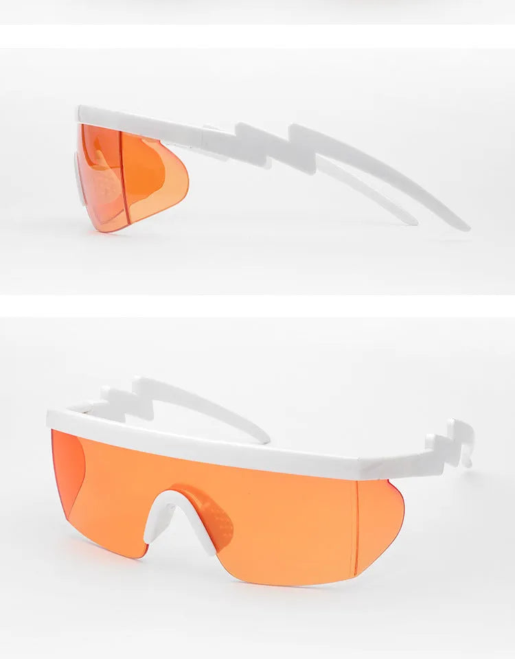 Sports sunglasses with curved foot piece design and colourful lens options
