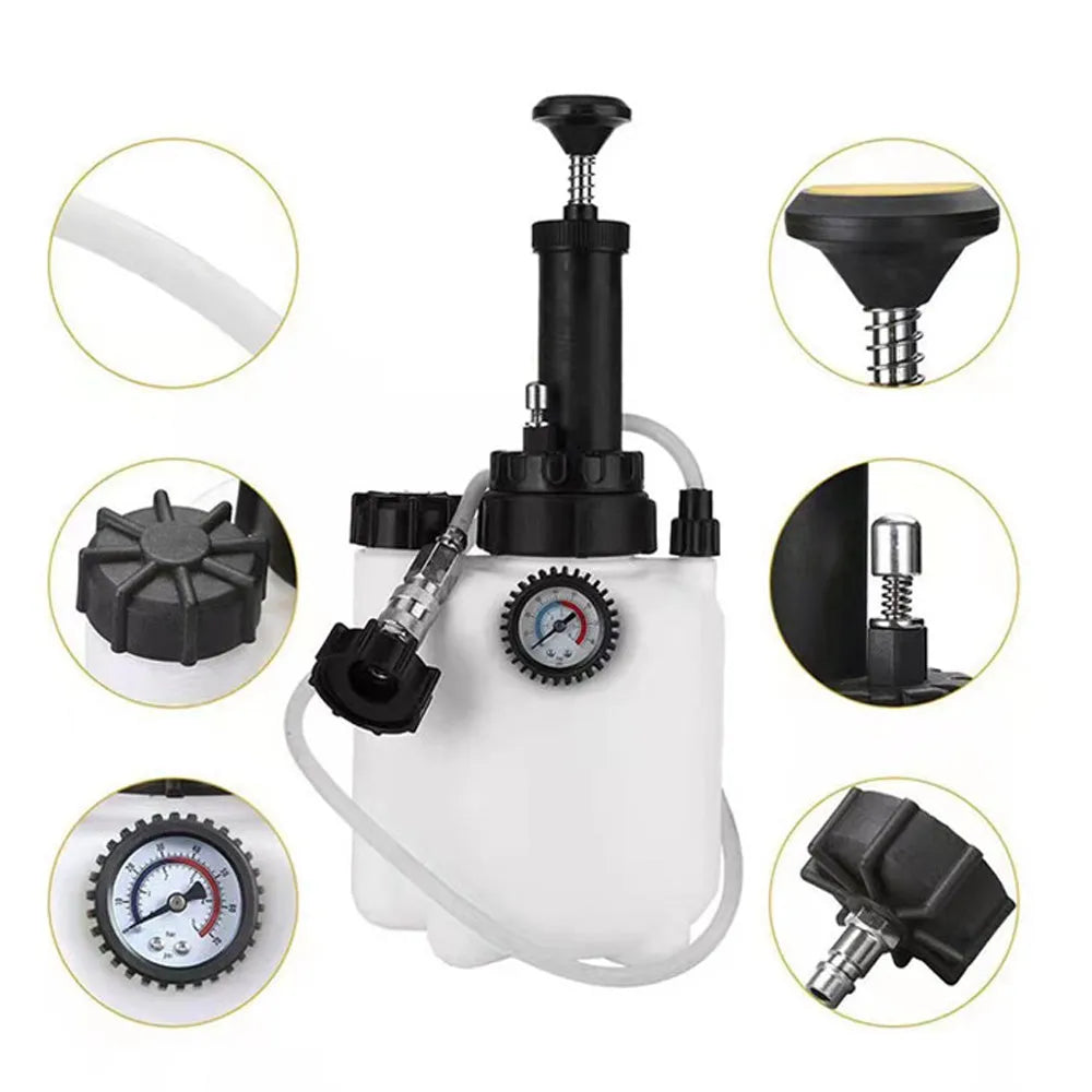 White 3-litre brake oil tank and automotive fluid replacement tool with copper and iron parts on a workbench.
