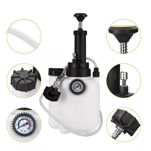 White plastic 3-litre brake oil tank with copper and iron fittings for automotive brake bleeding.