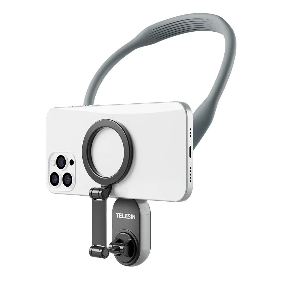 Grey silicone magnetic phone neck mount with quick release mechanism and anti-release rope