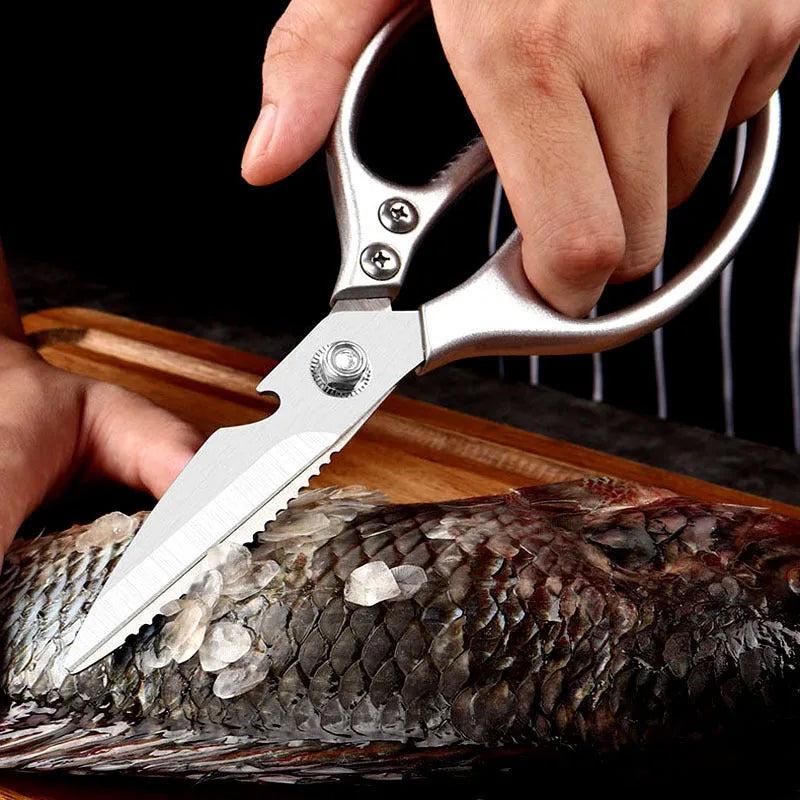 Pair of stainless steel kitchen scissors with non-slip handle, for cutting chicken bone and seafood, in silver