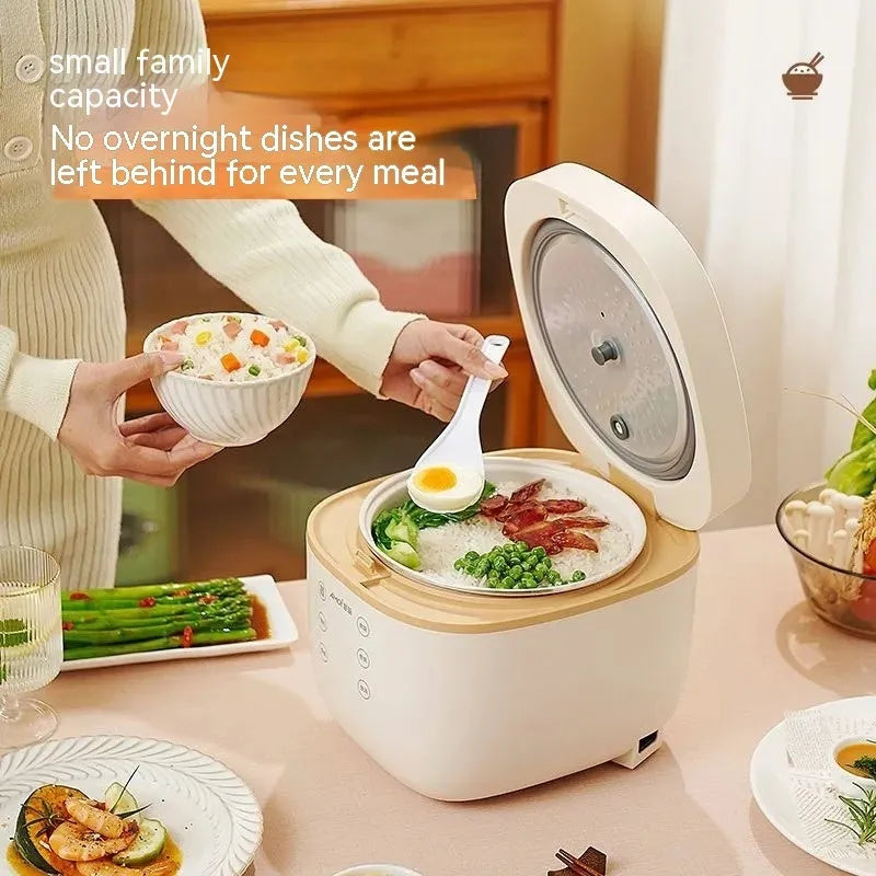 White or beige plastic rice cooker with black crystal inner pot and digital display