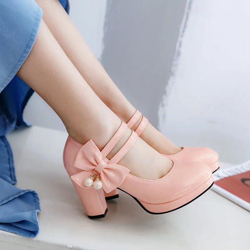 Women's platform high heel shoes with chunky heel and round toe in red colour