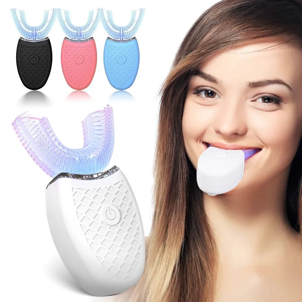 U-shaped electric toothbrush with silicone head, ABS body, and IPX7 waterproof design in blue