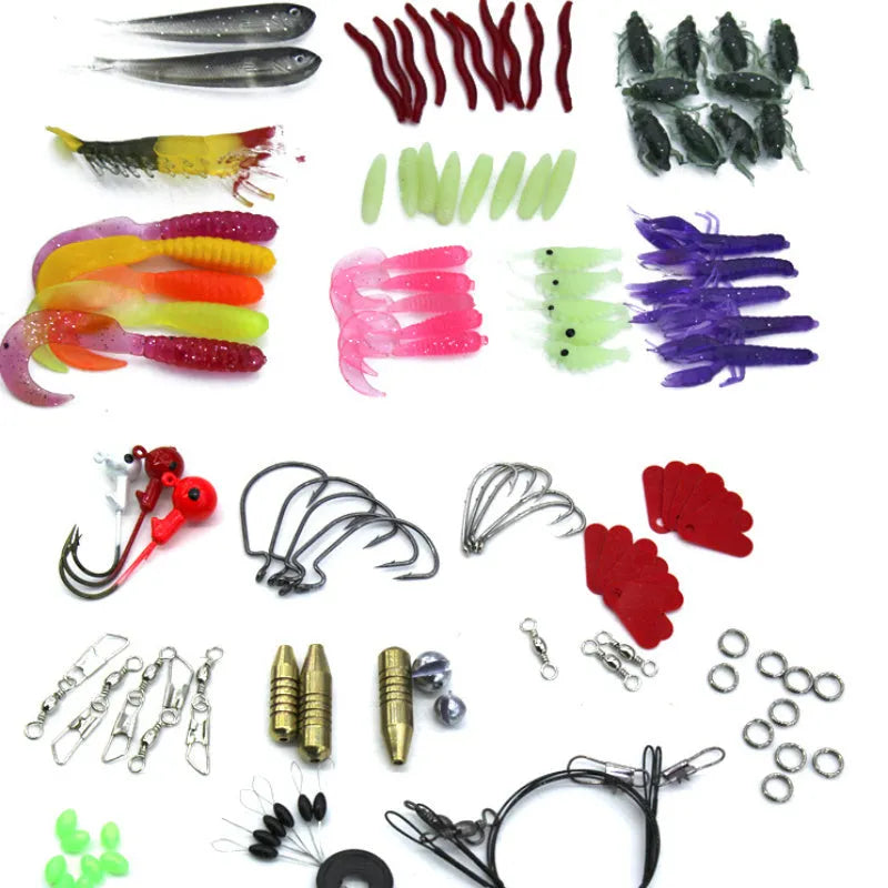 Rose red 132-piece plastic and high-carbon steel fishing lure set in a compact case.