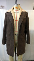 Men's vintage dark brown suede jacket with long sleeves and polyester lining, front view, on plain background.