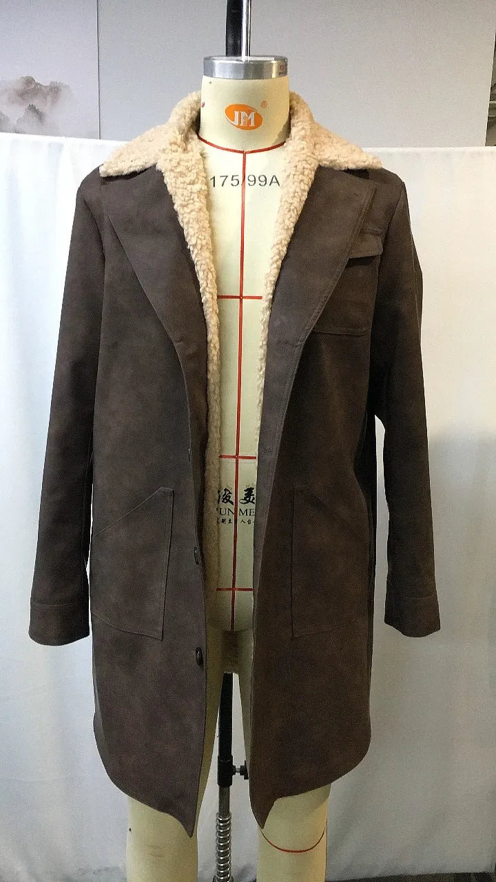 Men's vintage dark brown suede jacket with long sleeves and polyester lining, front view, on plain background.