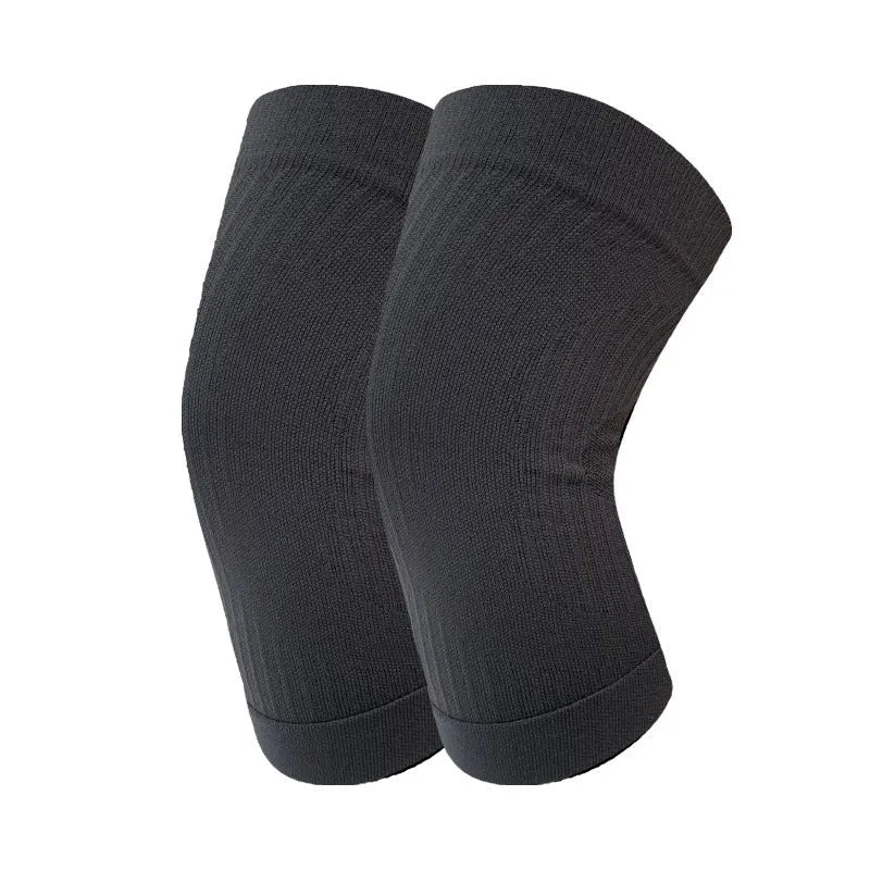 Knit breathable knee pads in pure black, light grey, dark grey, or purplish blue, supplied as a free size pair.