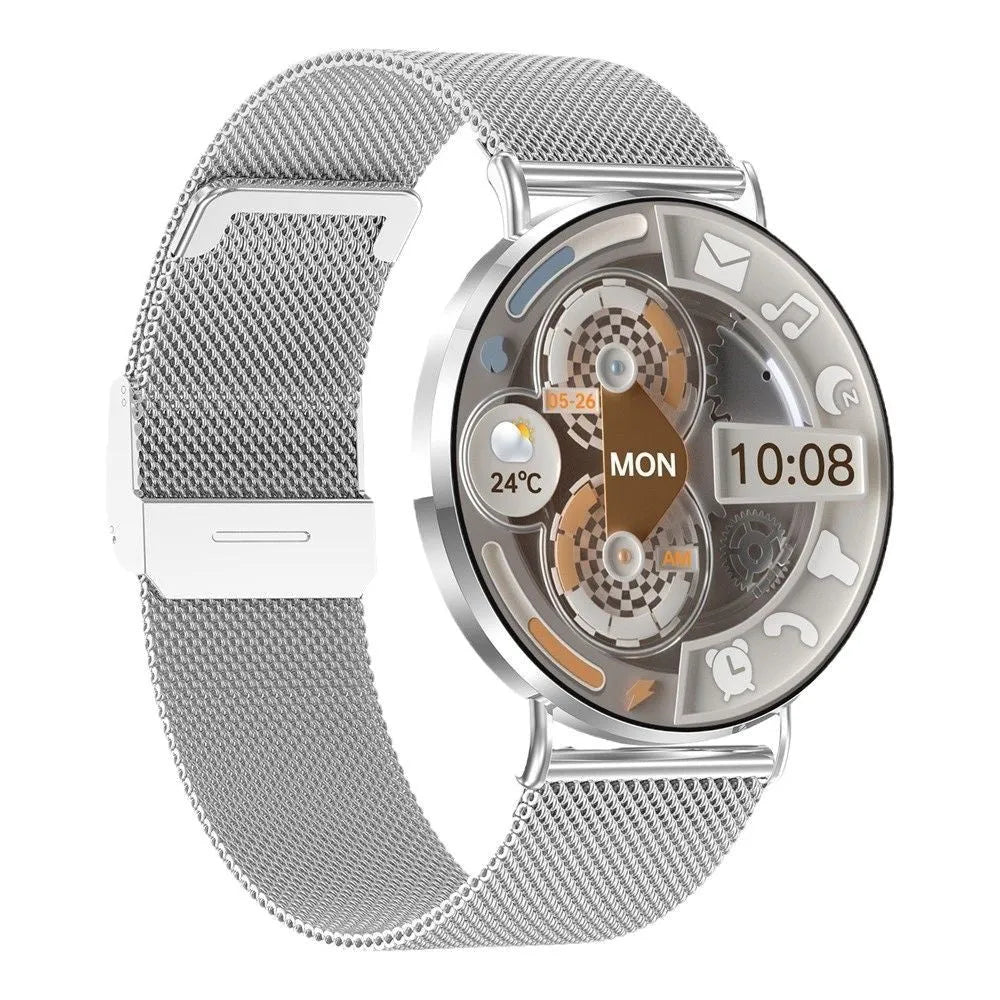 Ultra-thin aluminium alloy women's smart watch with AMOLED screen in gold steel colour showing health monitoring interface