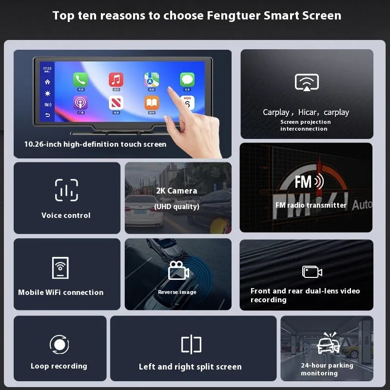 10-inch car touchscreen display showing Apple CarPlay maps interface and dashboard mounting
