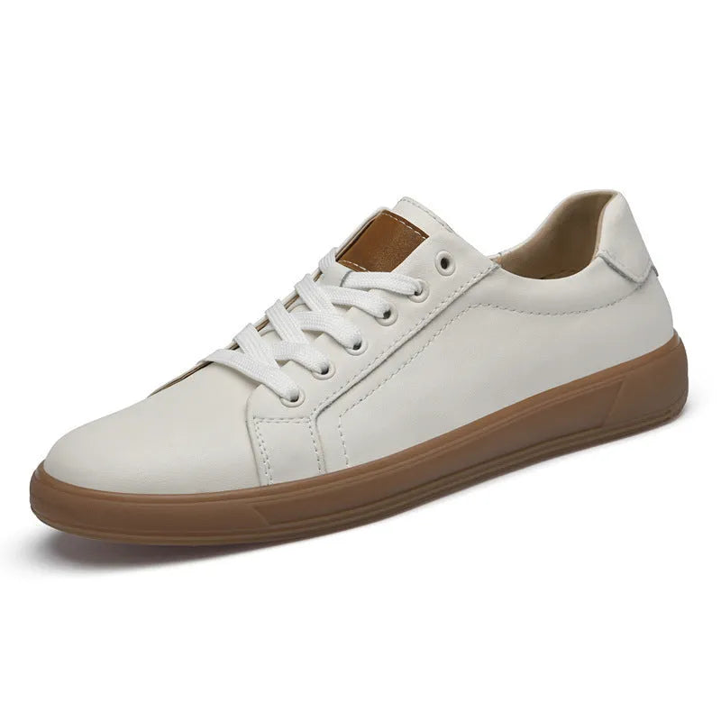 Spring fashion genuine leather low-top lace-up casual shoes for men, solid colour round toe, khaki colour