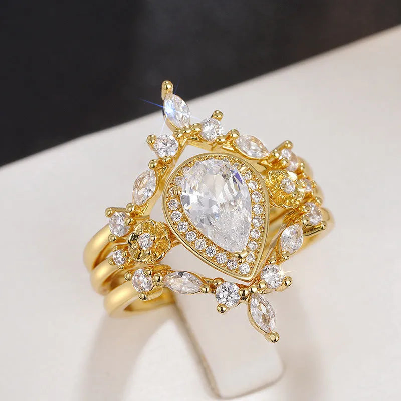Women's drop-shaped ring with inlaid zircon and copper band in yellow gold colour, sizes No.6 to No.10
