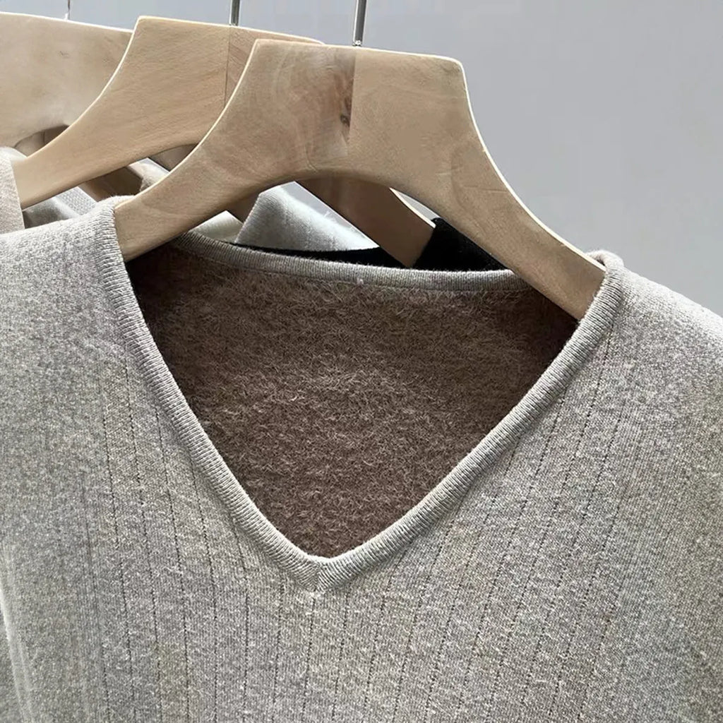 Women's V-neck long sleeve T-shirt sweater in khaki viscose fabric, shown as a pullover top