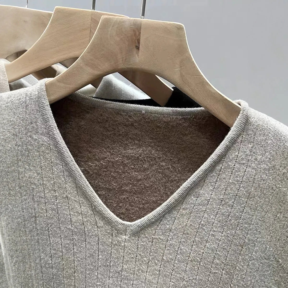 Women's V-neck long sleeve T-shirt sweater in khaki viscose fabric, shown as a pullover top