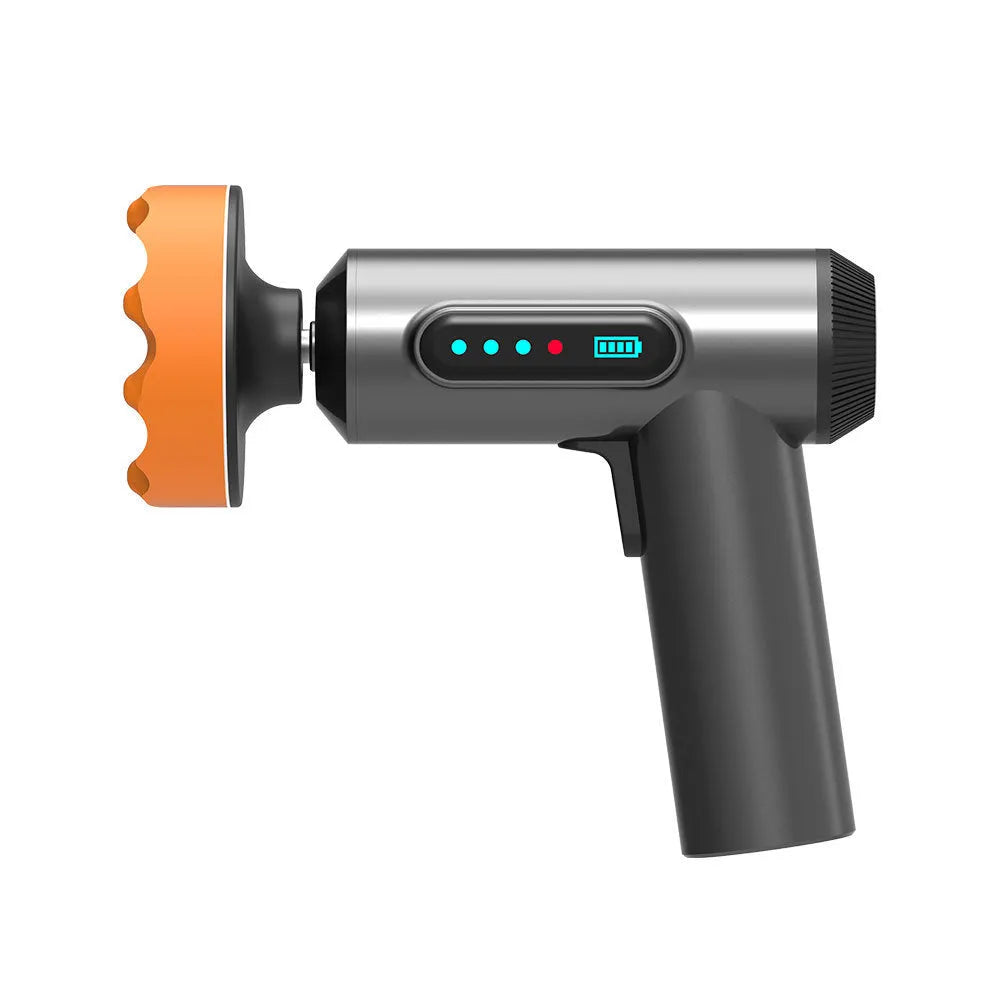 Cordless electric waxing and polishing machine with white ABS plastic body and a grey polishing disc.
