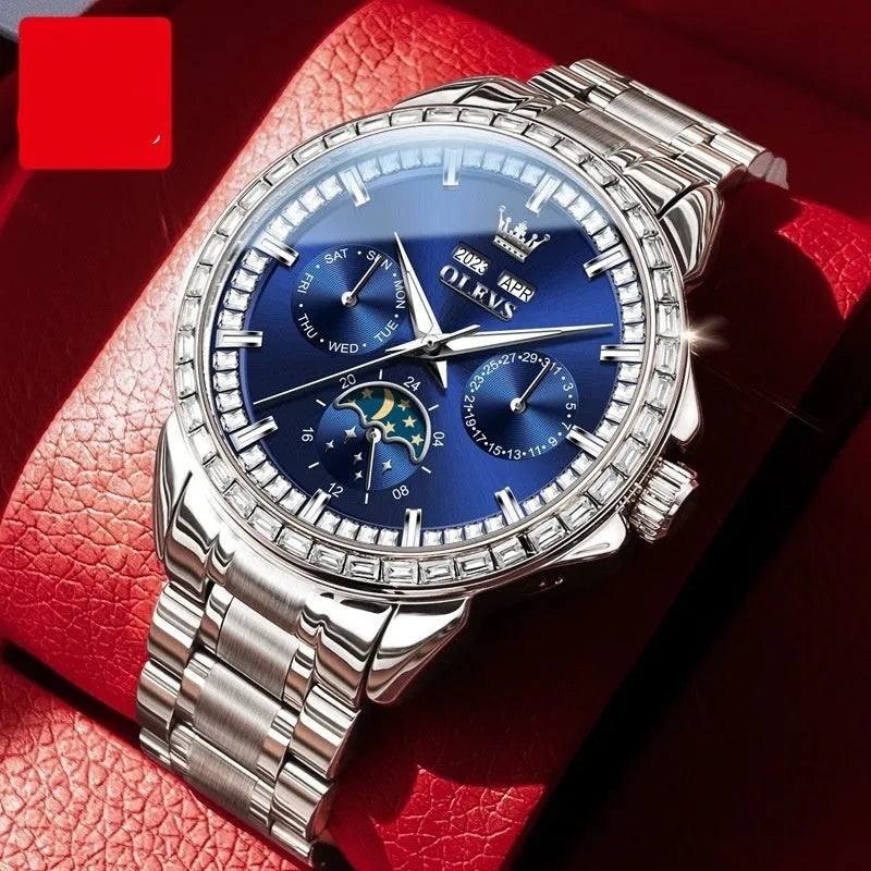 Men's automatic mechanical watch with diamond dial on a stainless steel bracelet, showing the transparent case back.