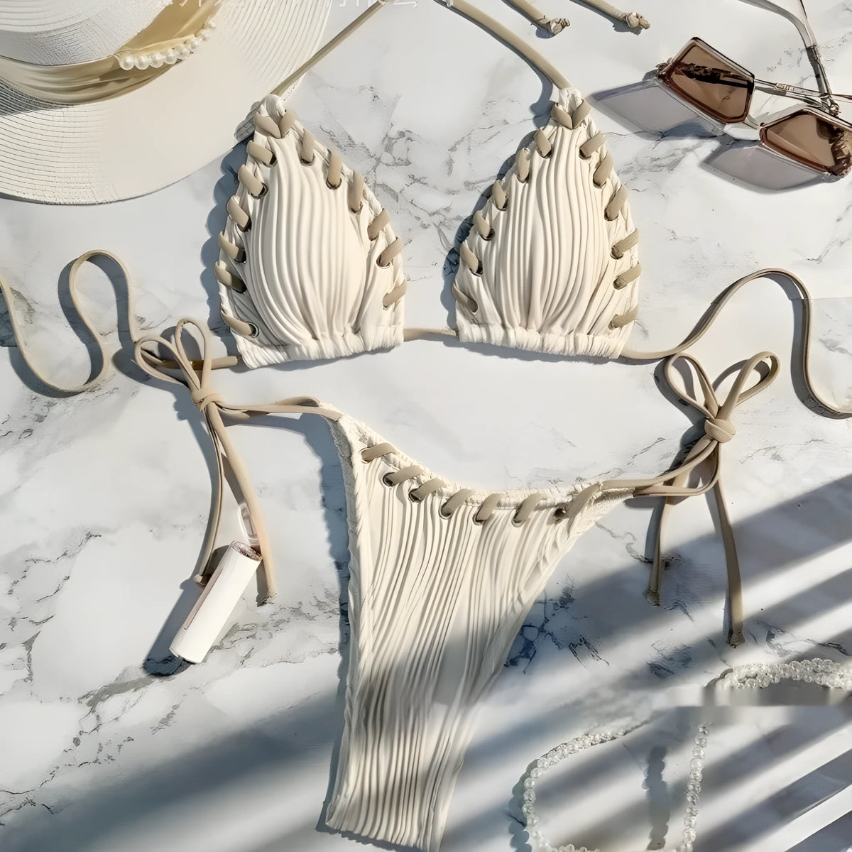 Milky white lace-up push up swimsuit with split backless design for women