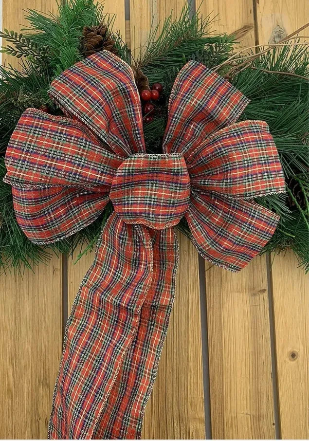 Red woolen plaid polyester velvet burlap bow for Christmas wreath decor
