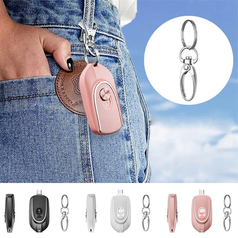 Black mini keychain power bank with Type-C and iPhone outputs, 1200mAh, hanging buckle, 71 x 19.5 x 38mm