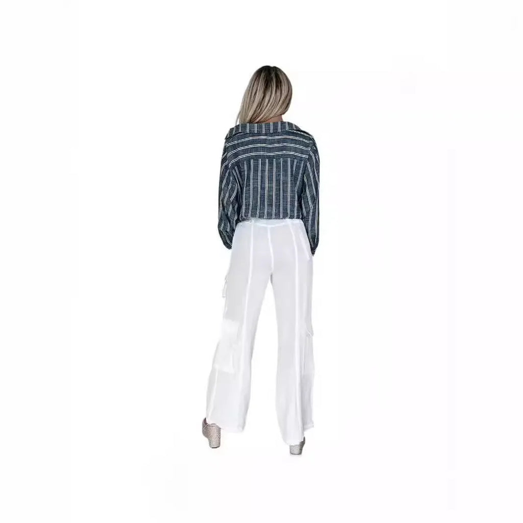 Striped long sleeve waist-tied loose top in white or navy with button detail and extra long shirt sleeves