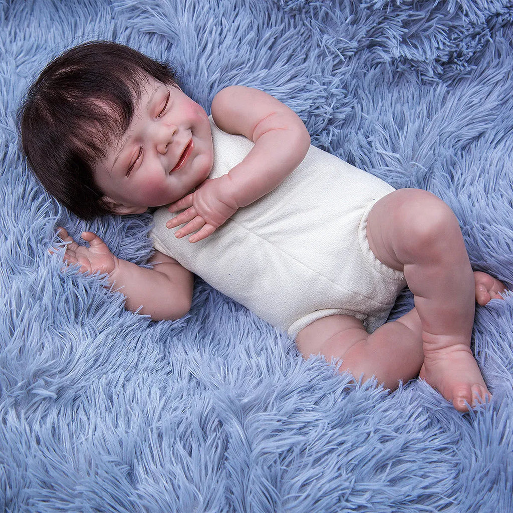 50cm soft silicone simulation baby doll with closed eyes, hand-implanted fibre-optic hair, and cotton body