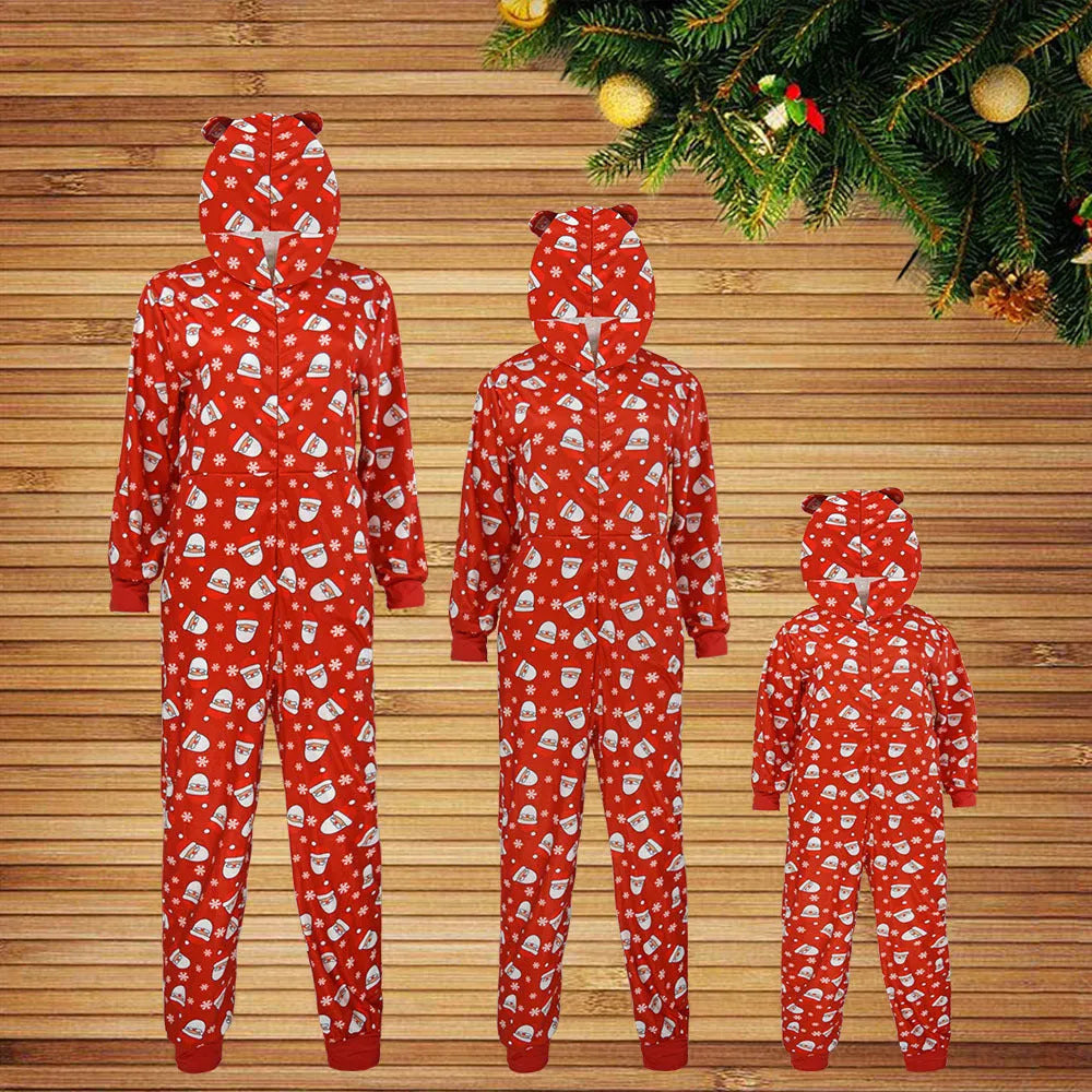 Family matching Christmas onesie in blue or red, hooded long-sleeve polyester knit jumpsuit for kids and adults