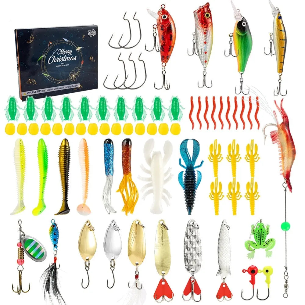 Christmas-themed metal blind box open to show 24 assorted bog-style fishing flies on a green background.