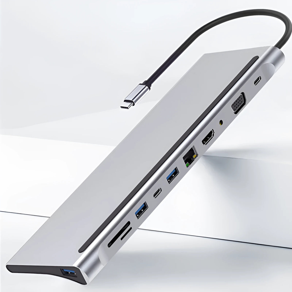 11-in-1 multifunctional laptop docking station with eleven USB 3.0 interfaces in Photo Color, no external power supply needed.